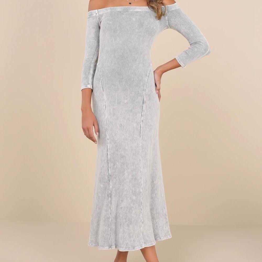 Lulus Remarkably Cool Washed Grey Ribbed Off Shoulder Midi Dress NWT L Stretchy
